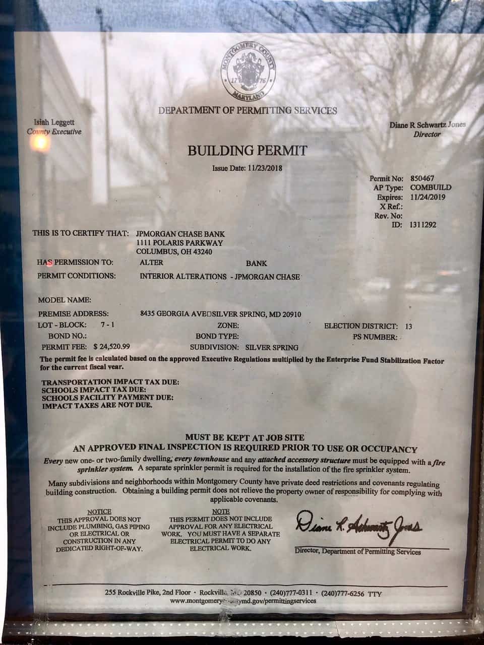 Permit Issued to Chase Bank for Georgia Avenue Location