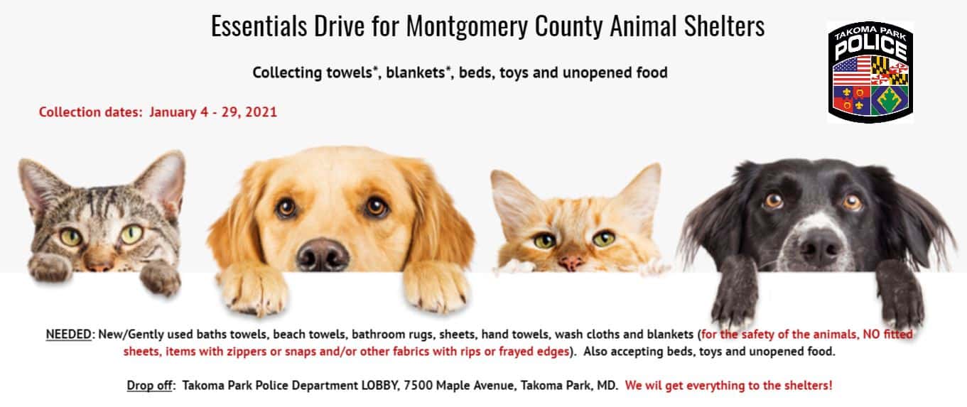 Takoma Park Police Holding Essentials Drive for Animal Shelters
