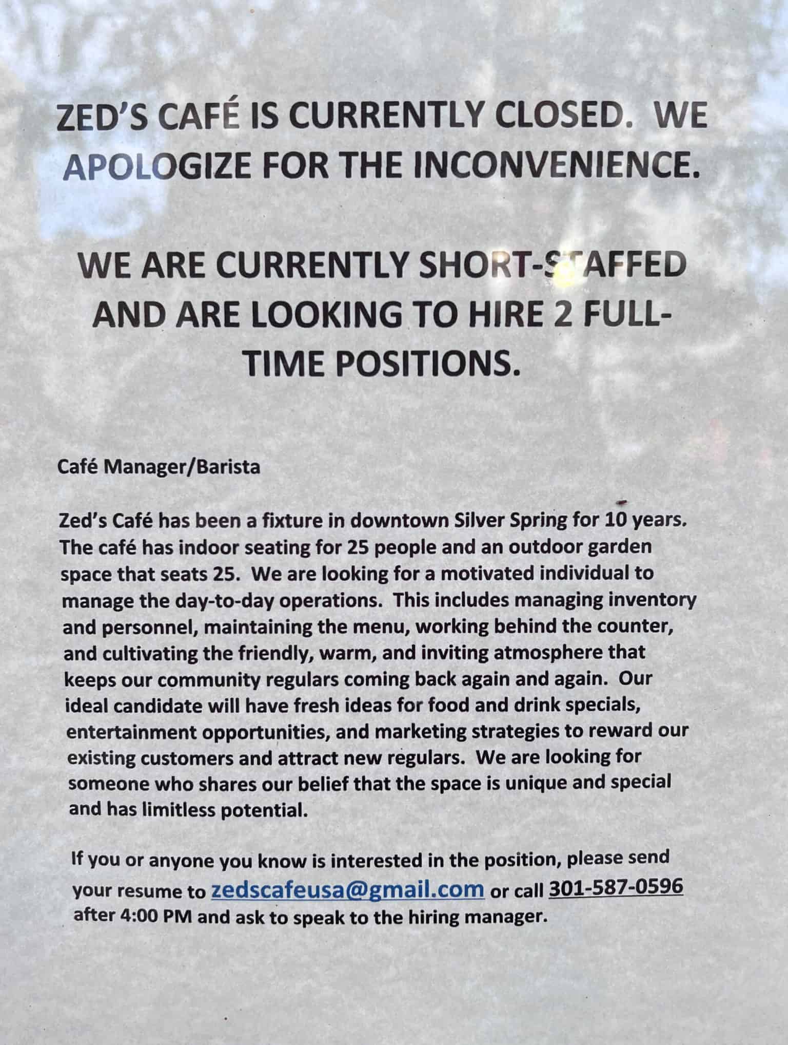 Zed’s Café Temporarily Closed: “We Are Currently Short-Staffed”