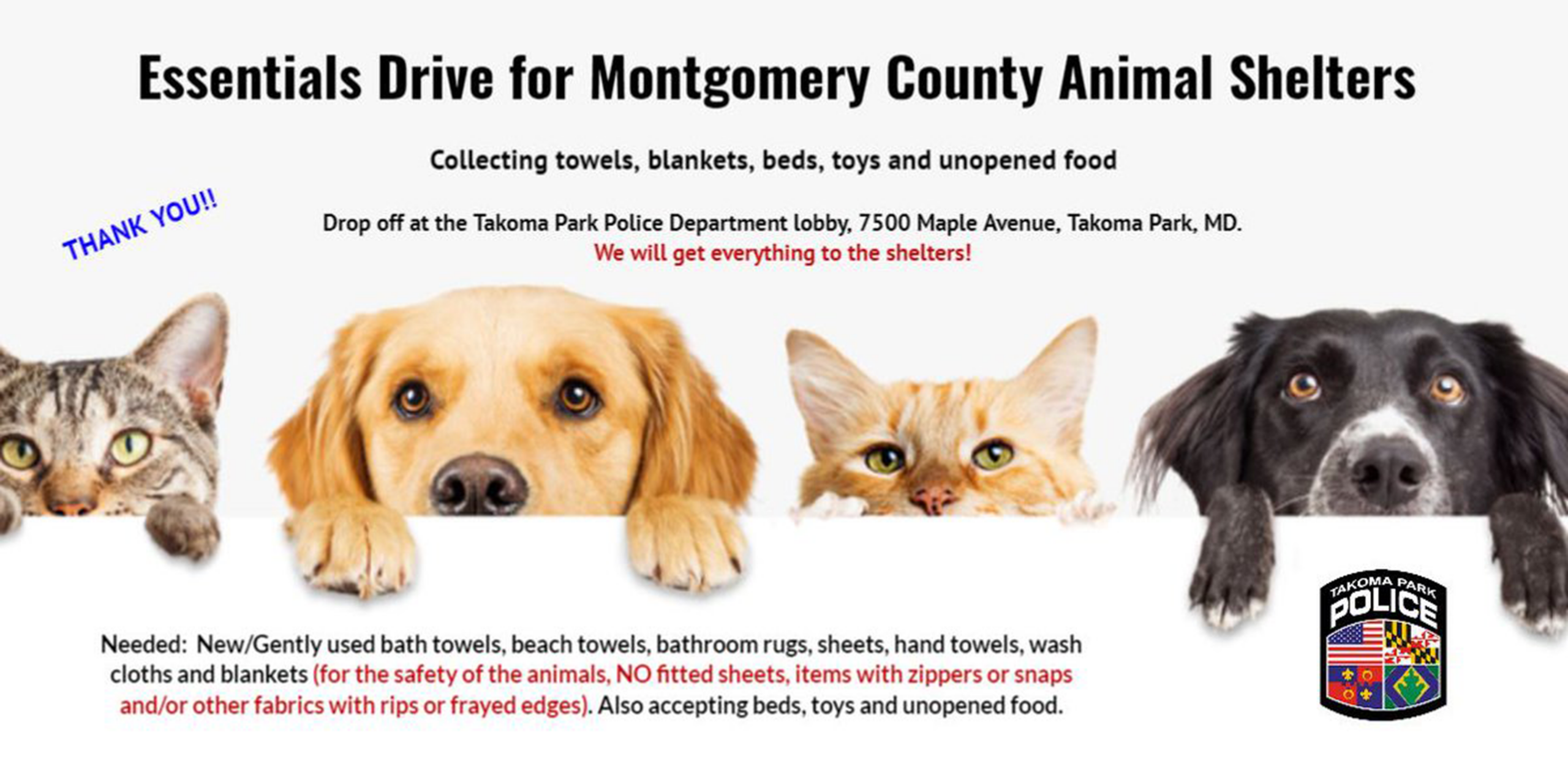Police Collecting Essentials for County Animal Shelters