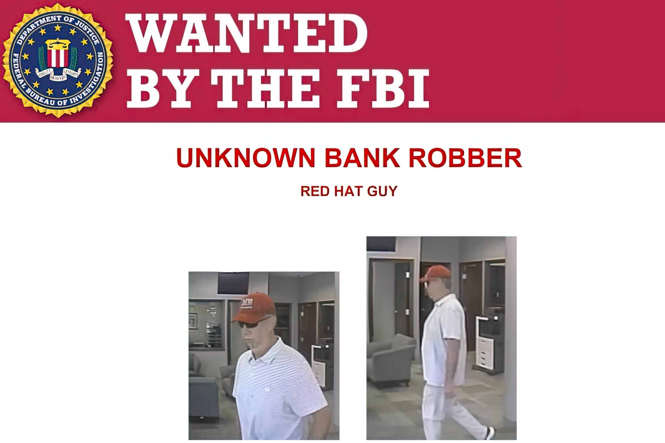 FBI Seeking “Red Hat Guy” Bank Robbery Suspect
