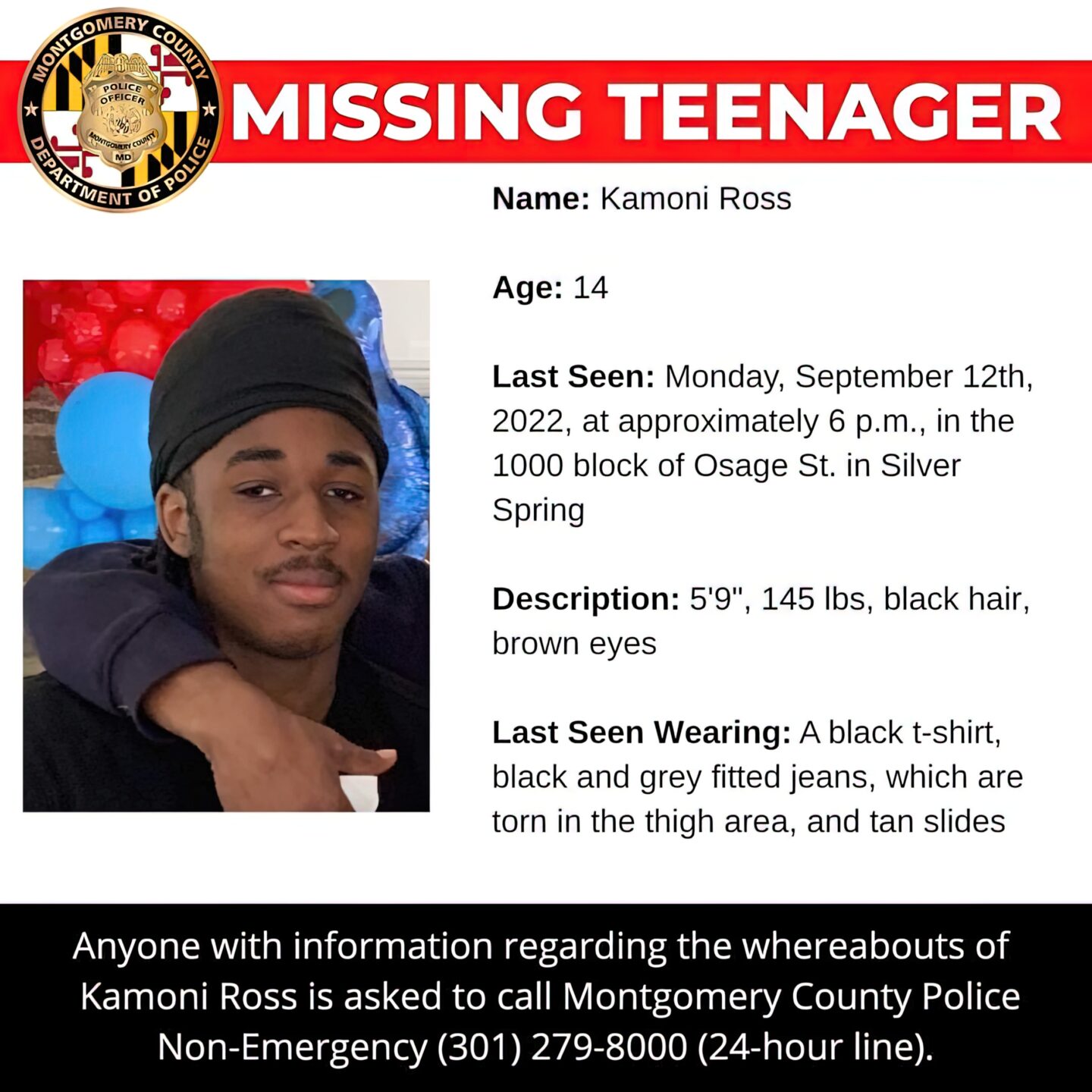 Police: Silver Spring Teen Missing Since September 12