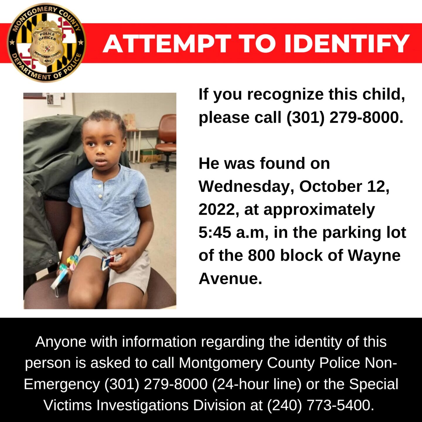 UPDATED: Police Seeking to Identify Child Found in Downtown Silver Spring