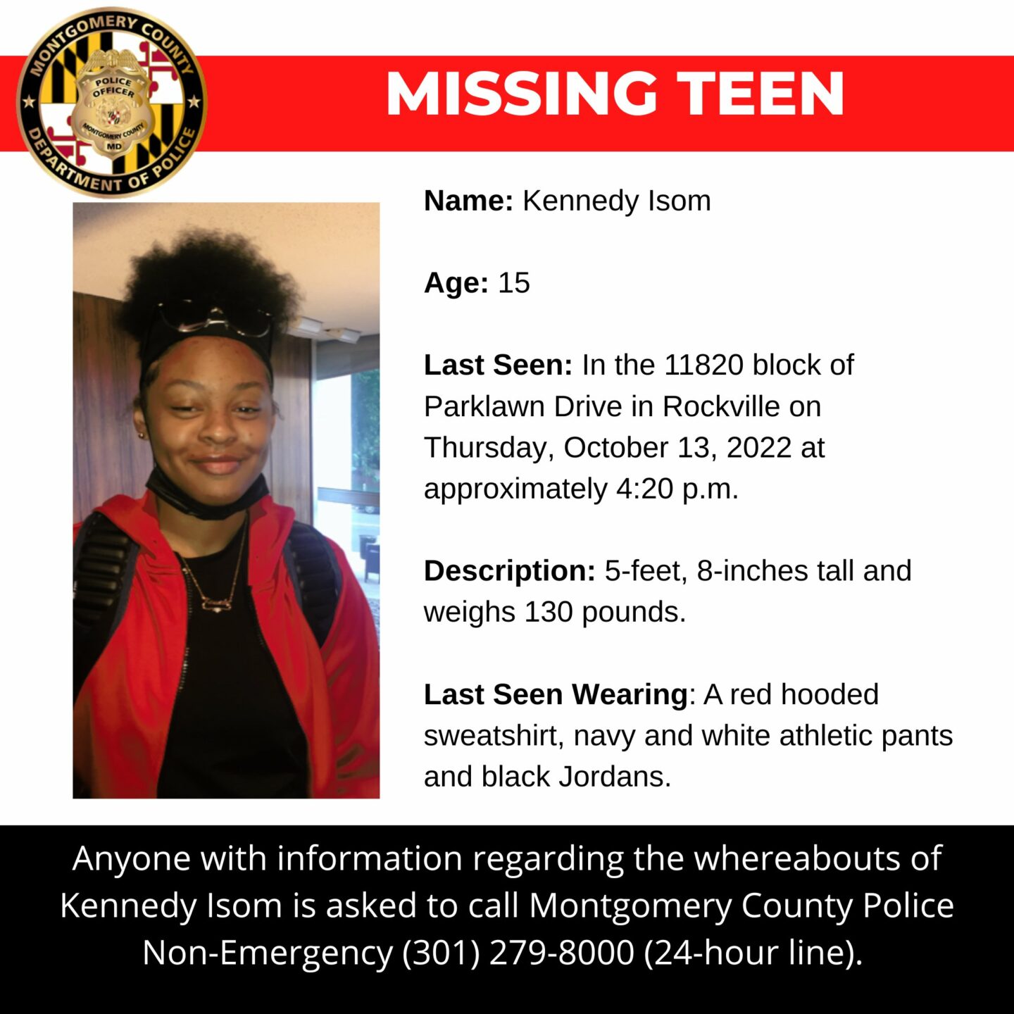 Police: Silver Spring Teen Missing Since Oct. 13