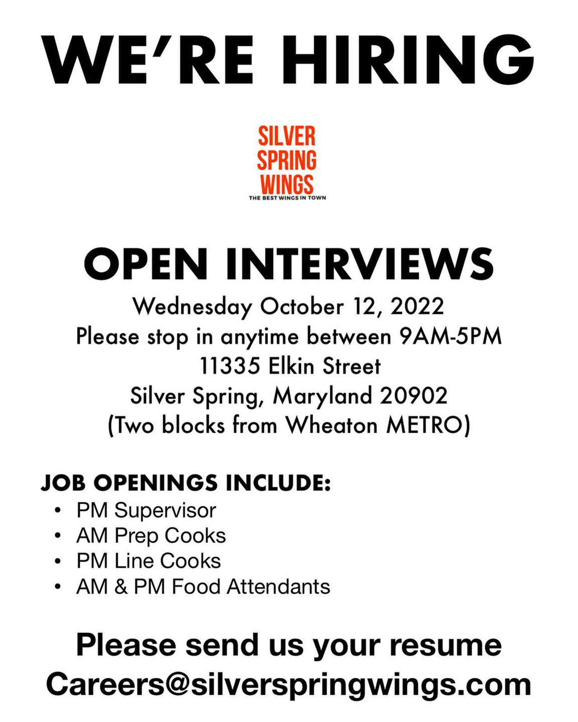 Silver Spring Wings Now Hiring Ahead of Reopening