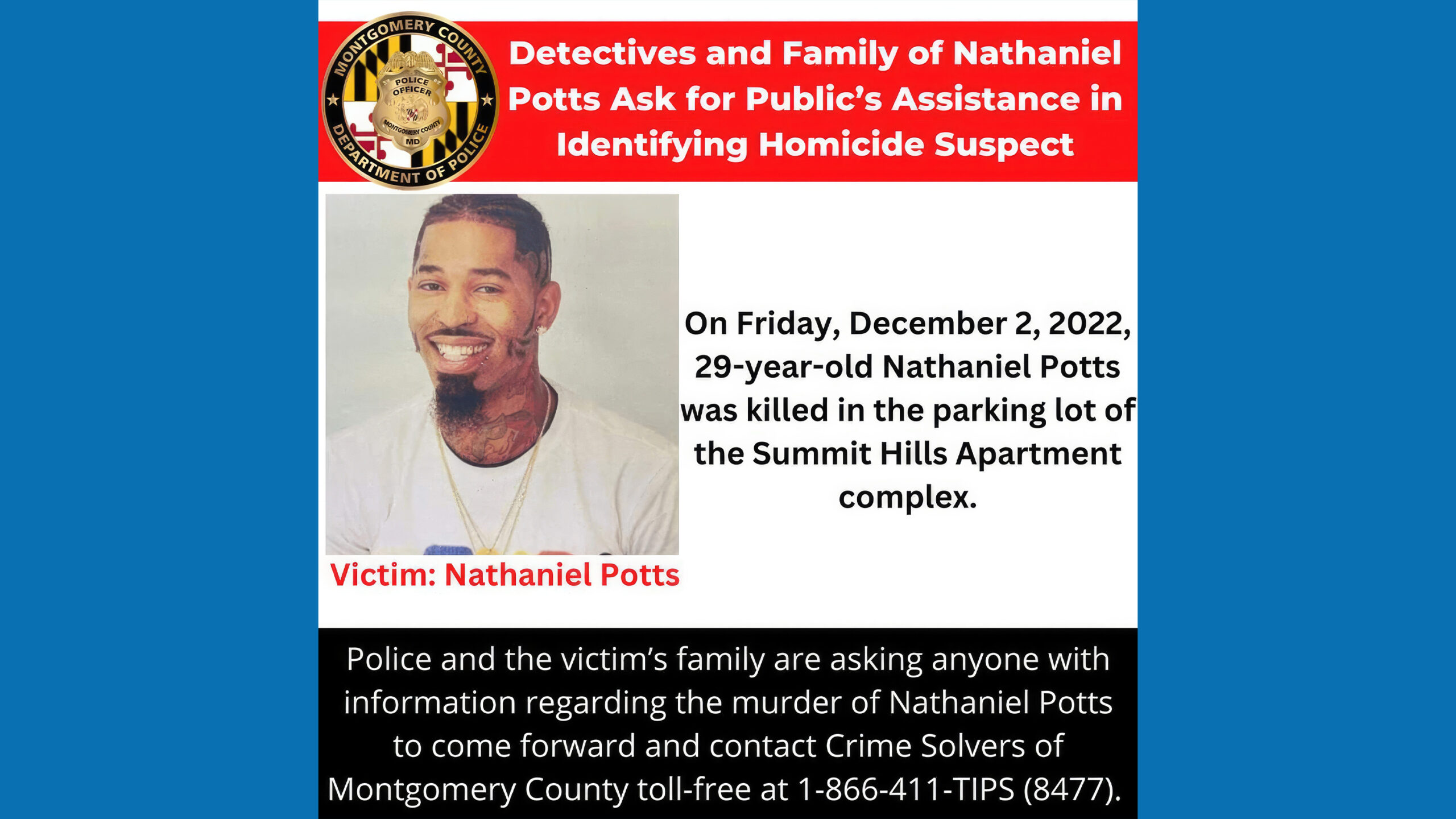 Suspect Sought in Fatal Shooting at Summit Hills Apartment Complex