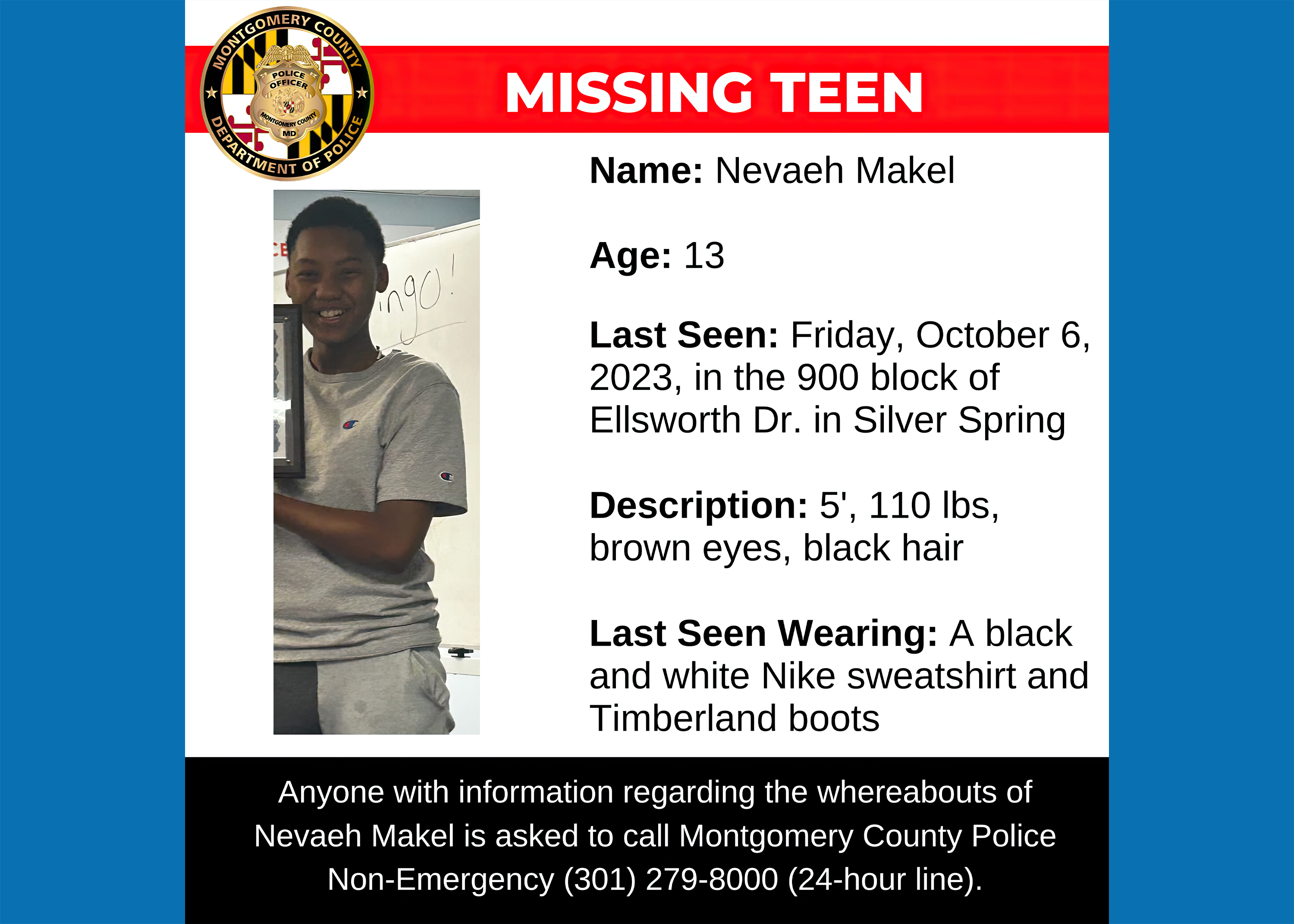 UPDATED: Police: Silver Spring Teen Missing Since October 6