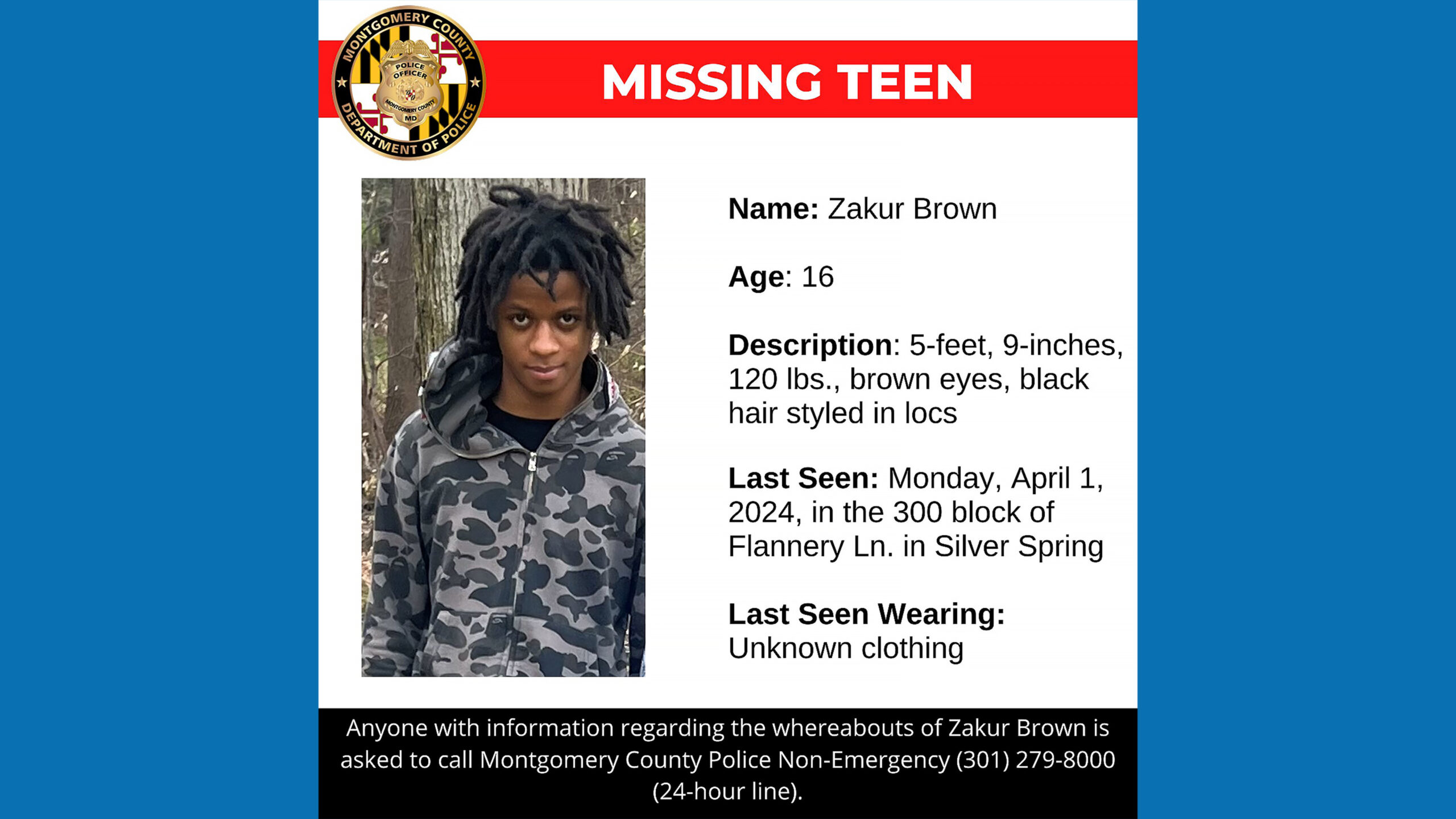 Police: 16-Year-Old Zakur Brown of Silver Spring Missing Since April 1
