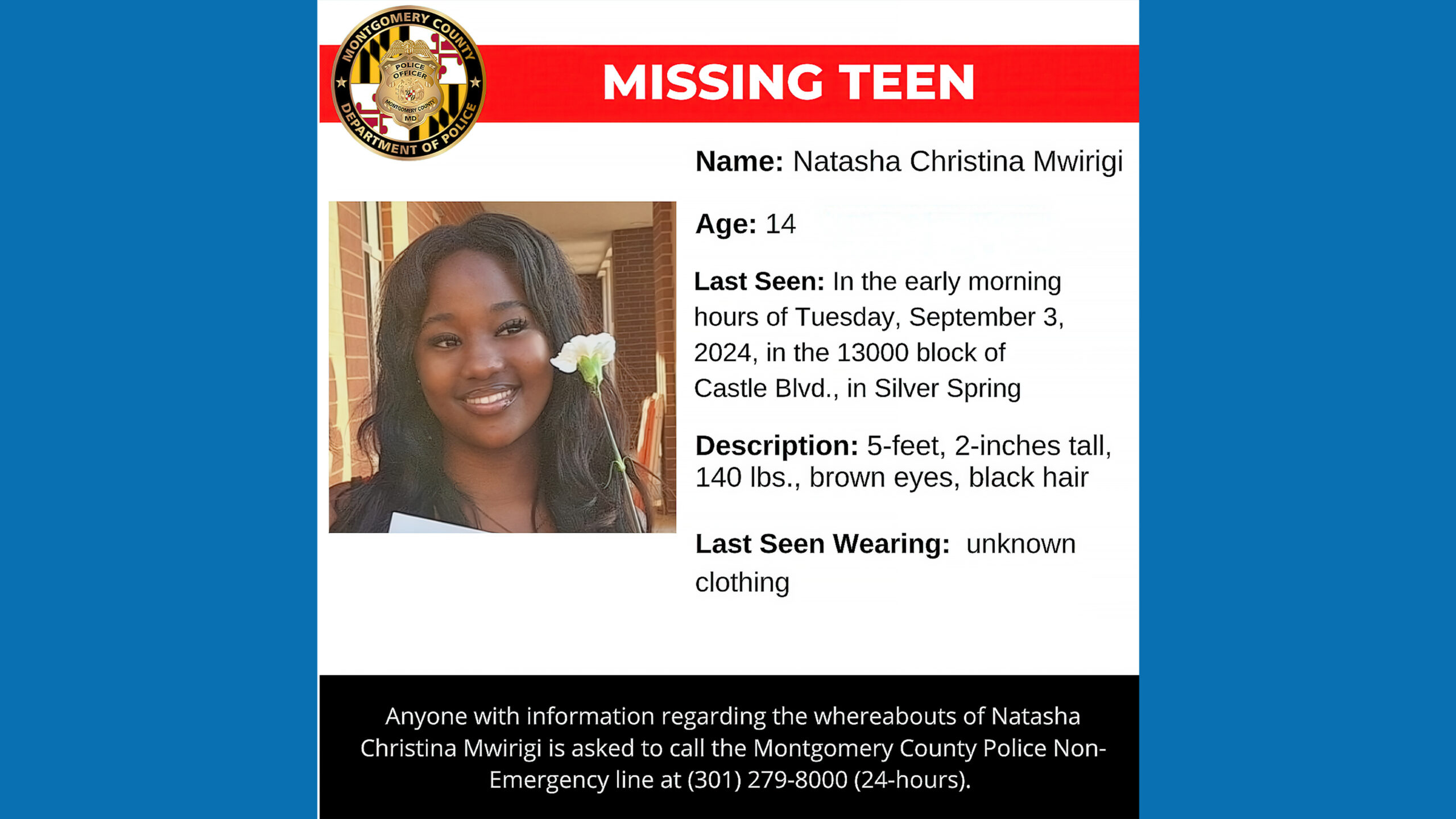 Police: 14-Year-Old Natasha Christina Mwirigi Missing Since September 3